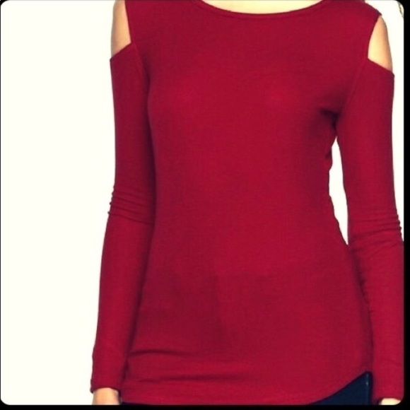 Maroon Red Ribbed Cold Shoulder Top NEW W OUT TAGS - Picture 2 of 8